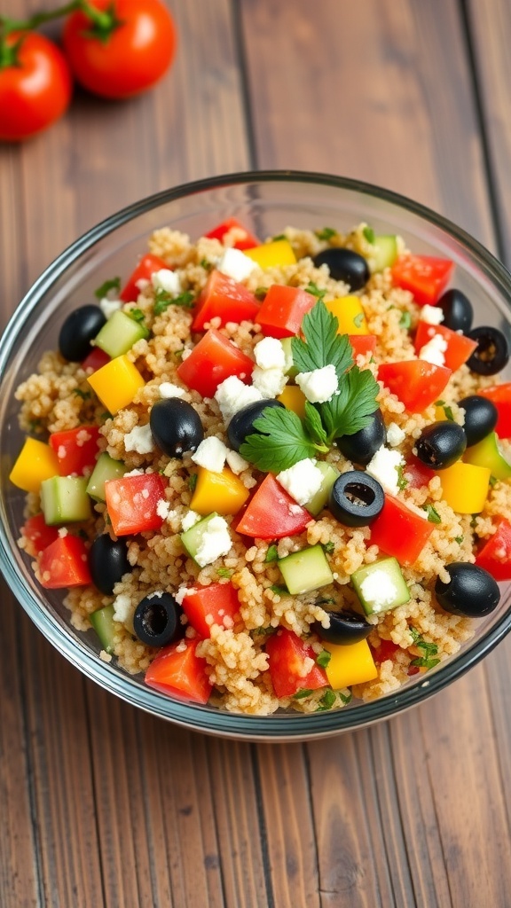 A vibrant Mediterranean quinoa salad with tomatoes, cucumbers, bell peppers, olives, and feta cheese in a glass bowl on a wooden table.